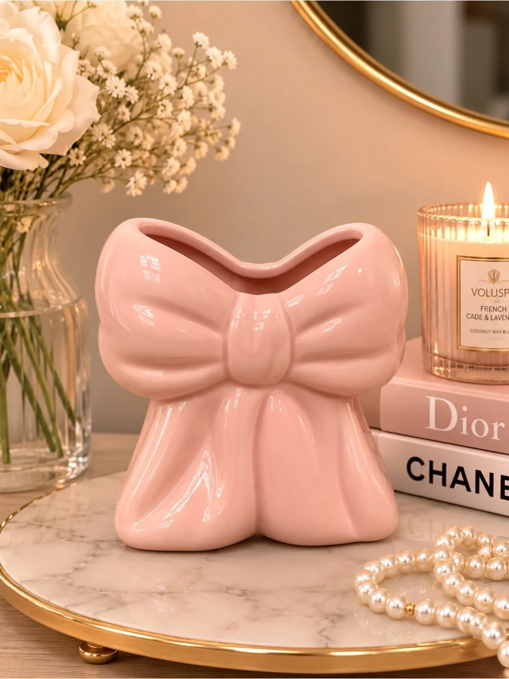 Pink Bow Ceramic Vase & Dispenser Set